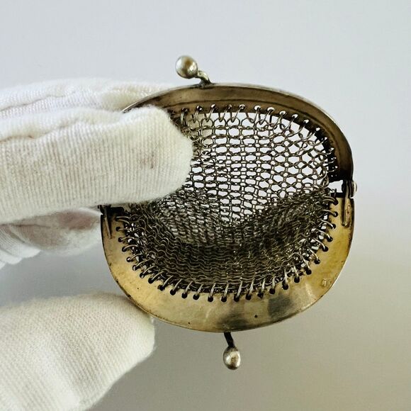 Antique French Art Deco Chainmail Mesh Silver Tassel Fringe Ball Coin Wallet - Picture 3 of 3